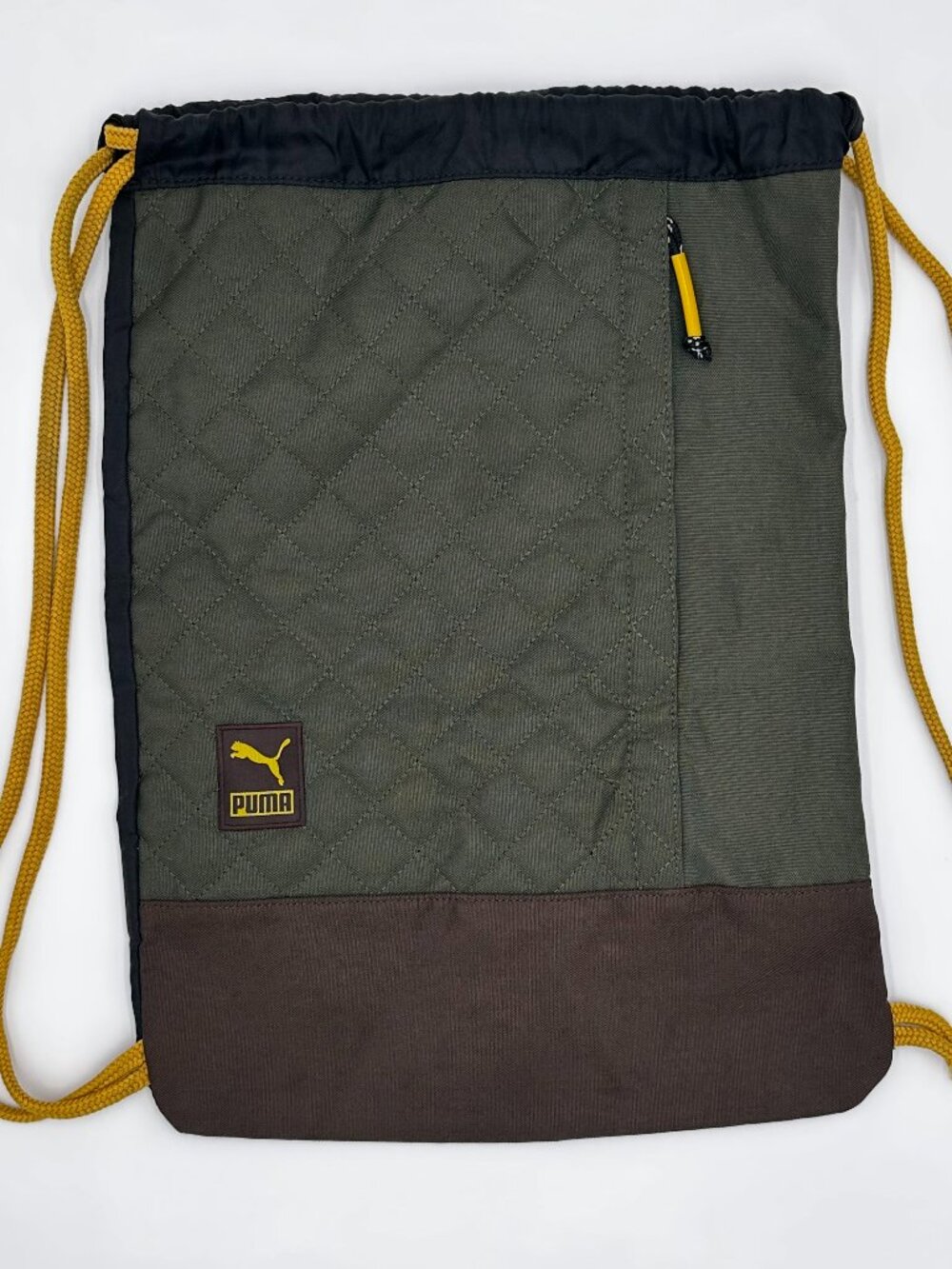 Puma Cinch Sack Dark Green/Brown/Black Quilted Gym Bag Yellow Rope